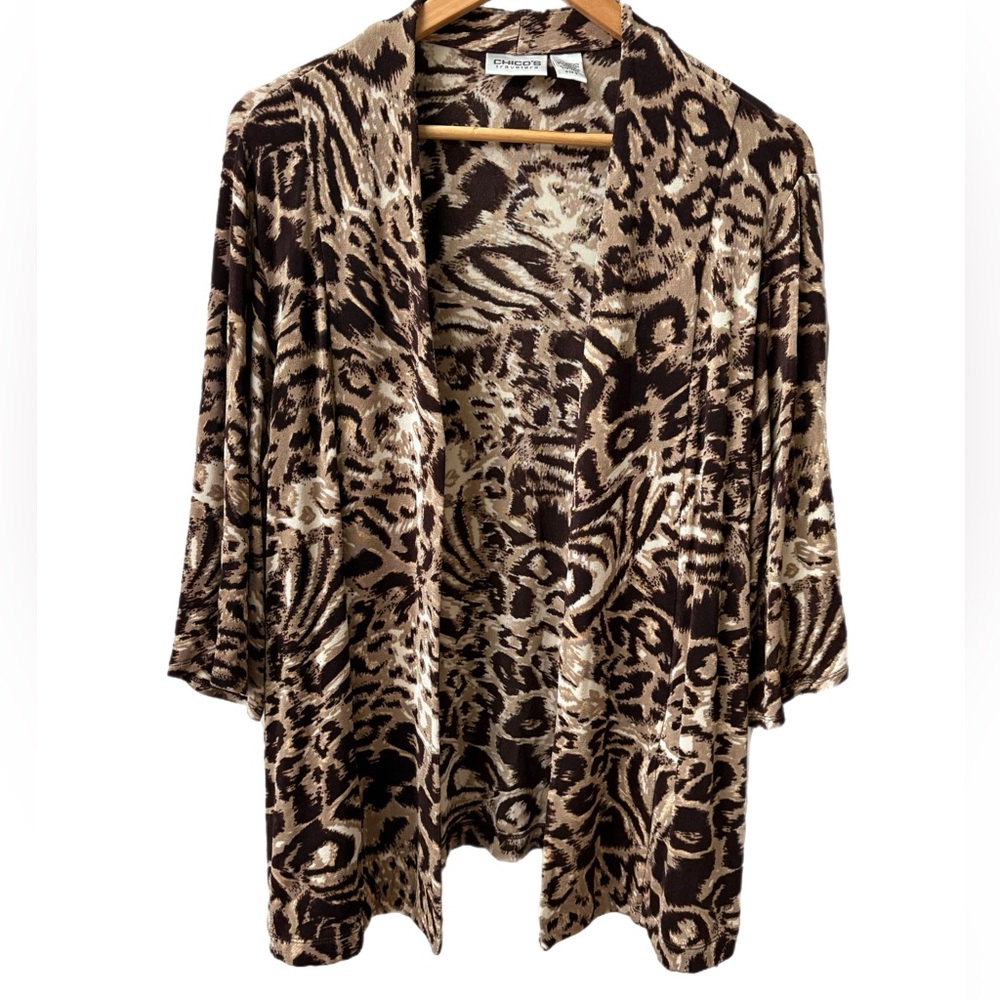 Slinky Cardigan Open Chicos Travelers Sz Med 2 Animal Print Brown Stretch EUC
